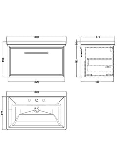 [BFLL3125B] Longnor Single Drawer Wall Hung Vanity Basin Unit with 3 Tap Hole Traditional Fireclay Basin, Choice of Size and Colour - Line Drawing