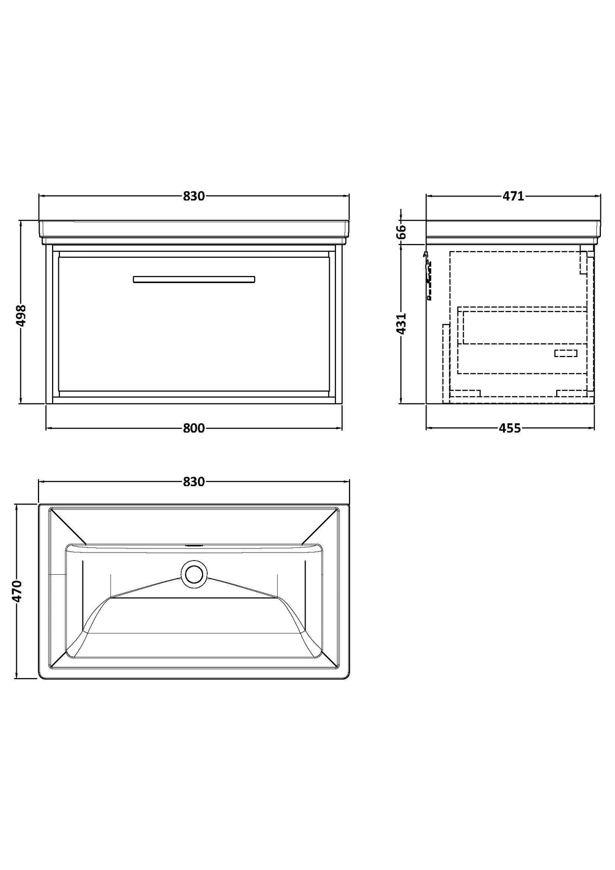 [BFLL3125H] Longnor Single Drawer Wall Hung Vanity Basin Unit with 0 Tap Hole Traditional Fireclay Basin, Choice of Size and Colour - Line Drawing