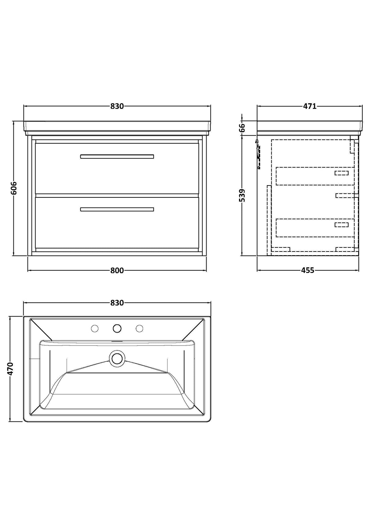 [BFLL3126B] Longnor 2 Drawer Wall Hung Vanity Basin Unit with 3 Tap Hole Traditional Fireclay Basin, Choice of Size and Colour - Line Drawing