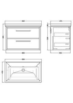 [BFLL3126H] Longnor 2 Drawer Wall Hung Vanity Basin Unit with 0 Tap Hole Traditional Fireclay Basin, Choice of Size and Colour - Line Drawing