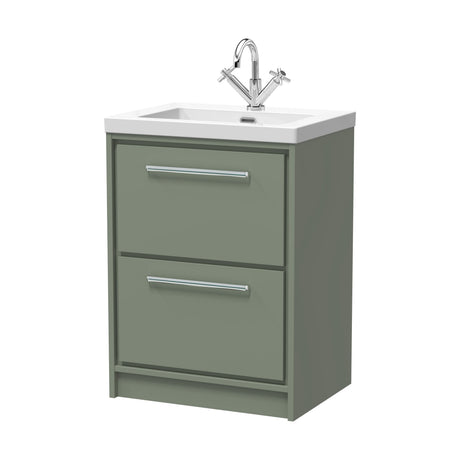 [BFLL3133L] Balterley Modern Bathroom Floor Standing 2 Soft-Close Drawer Vanity Fireclay Basin, Fern Green, 600mm - Cutout
