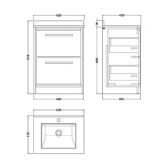 [BFLL3133WS1] Longnor Contemporary Floor Standing 2-Drawer Vanity Basin Unit with Marble Worktop Basin, Choice of Size and Colour - Technical Drawing