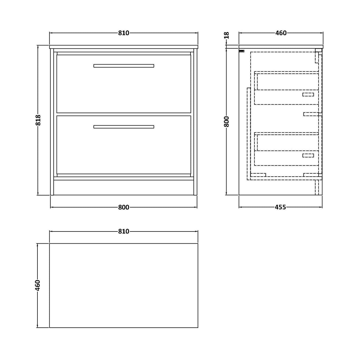 [BFLL3135CMT] Balterley 800mm Framed Design Floor Standing 2 Drawer Vanity, Marble Worktop - Fern Green - Technical Drawing