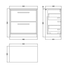 [BFLL3135CMT] Balterley 800mm Framed Design Floor Standing 2 Drawer Vanity, Marble Worktop - Fern Green - Technical Drawing