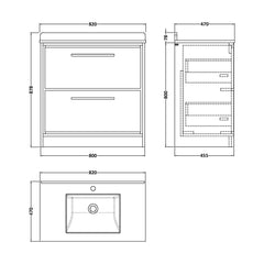 [BFLL3135WS1] Balterley 800mm Floor Standing 2 Drawer Vanity with Marble Worktop Basin - Fern Green - Technical Drawing