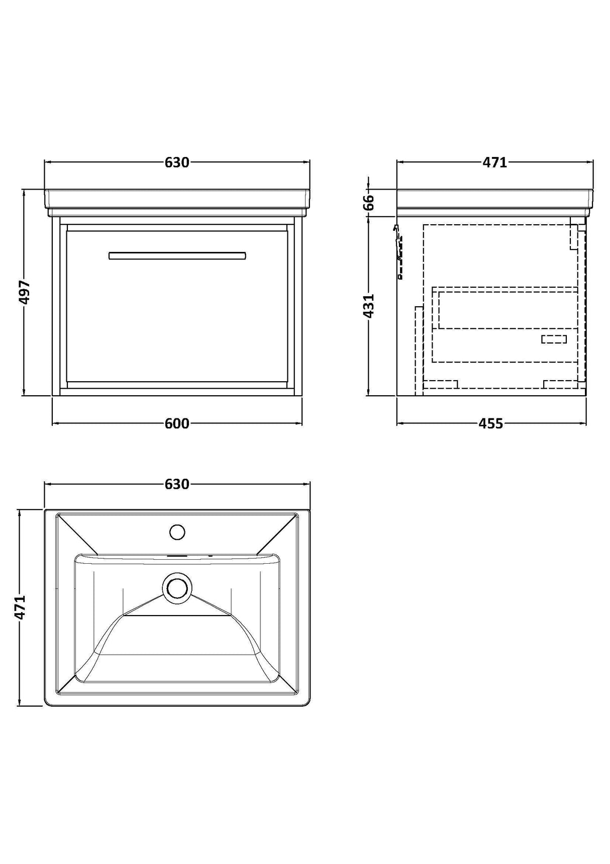 [BFLL3222A] Longnor Single Drawer Wall Hung Vanity Basin Unit with 1 Tap Hole Traditional Fireclay Basin, Choice of Colour and Size - Line Drawing