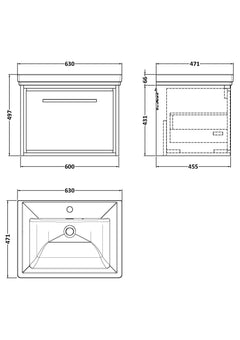 [BFLL3222A] Longnor Single Drawer Wall Hung Vanity Basin Unit with 1 Tap Hole Traditional Fireclay Basin, Choice of Colour and Size - Line Drawing