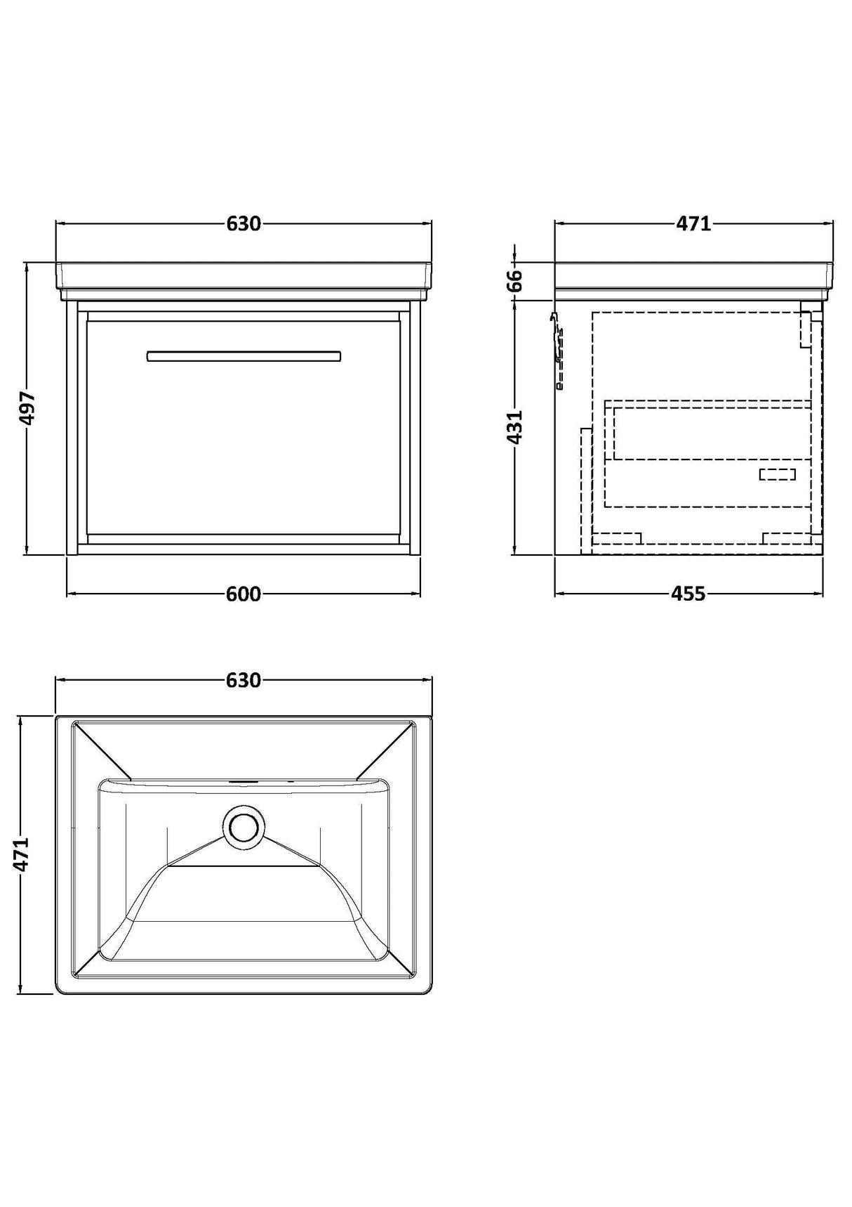 [BFLL3222H] Longnor Single Drawer Wall Hung Vanity Basin Unit with 0 Tap Hole Traditional Fireclay Basin, Choice of Size and Colour - Line Drawing