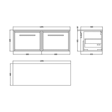 [BFLL3222W2] Balterley 1200mm Framed Design Wall Hung Single Drawer Vanity with Worktop - Pebble Grey - Technical Drawing