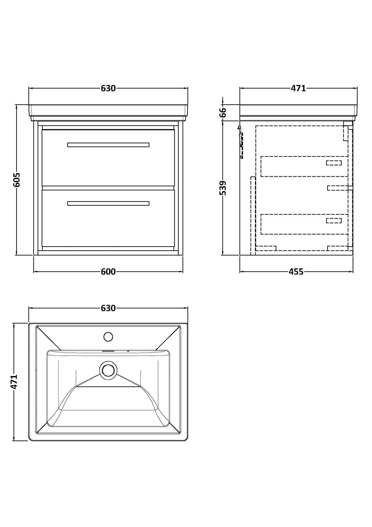 [BFLL3224A] Longnor 2 Drawer Wall Hung Vanity Basin Unit with 1 Tap Hole Traditional Fireclay Basin, Choice of Size and Colour - Line Drawing