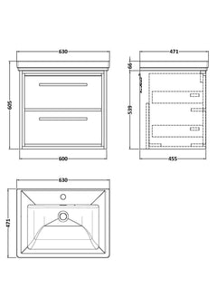 [BFLL3224A] Longnor 2 Drawer Wall Hung Vanity Basin Unit with 1 Tap Hole Traditional Fireclay Basin, Choice of Size and Colour - Line Drawing