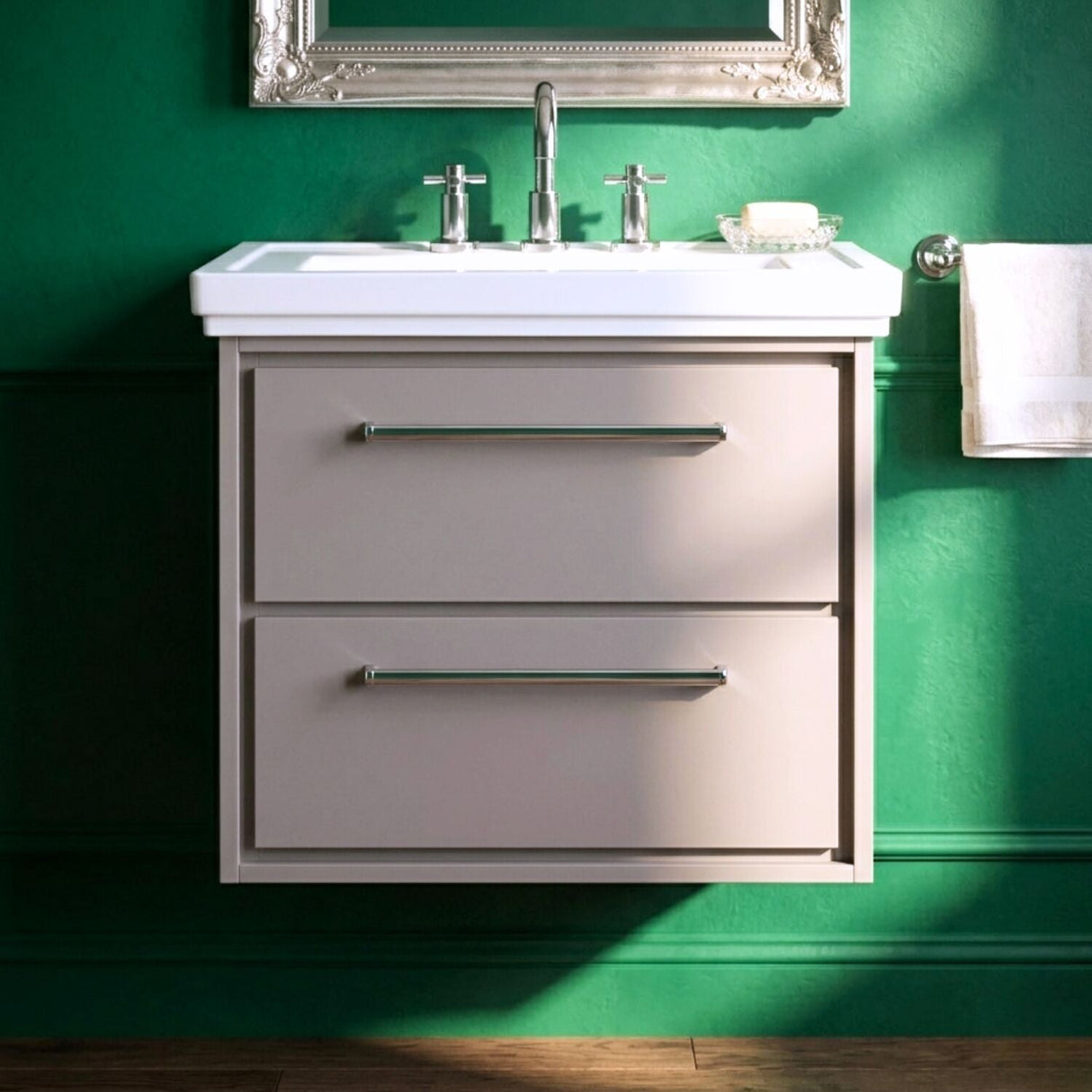 [BFLL3224B] Longnor 2 Drawer Wall Hung Vanity Basin Unit with 3 Tap Hole Traditional Fireclay Basin, Choice of Size and Colour - Silo