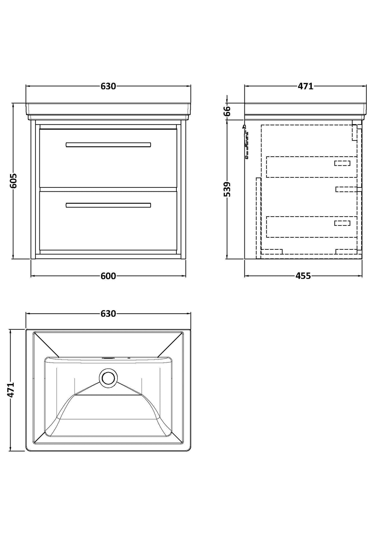 [BFLL3224H] Longnor 2 Drawer Wall Hung Vanity Basin Unit with 0 Tap Hole Traditional Fireclay Basin, Choice of Size and Colour - Line Drawing