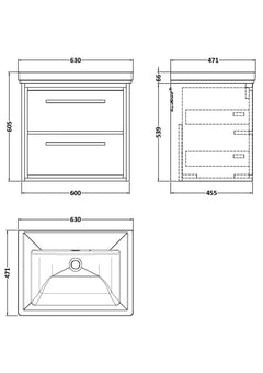 [BFLL3224H] Longnor 2 Drawer Wall Hung Vanity Basin Unit with 0 Tap Hole Traditional Fireclay Basin, Choice of Size and Colour - Line Drawing