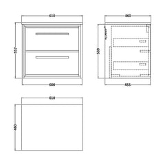 [BFLL3224WMT] Balterley 600mm Framed Design Wall Hung 2 Drawer Vanity with Marble Worktop - Pebble Grey - Technical Drawing