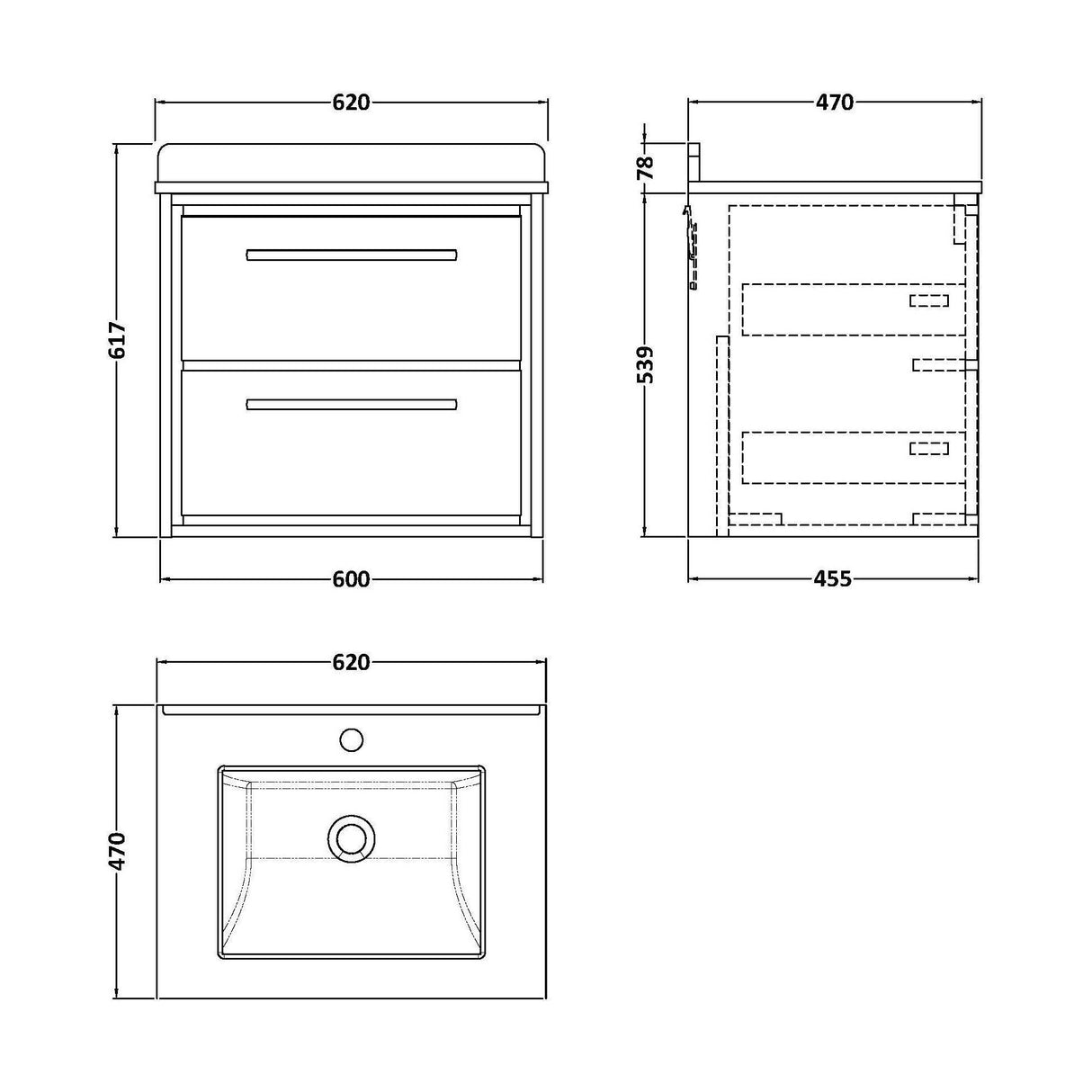 [BFLL3224WS1] Balterley 600mm Wall Hung 2 Drawer Vanity with Marble Worktop Basin - Pebble Grey - Technical Drawing