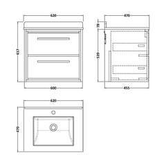 [BFLL3224WS1] Balterley 600mm Wall Hung 2 Drawer Vanity with Marble Worktop Basin - Pebble Grey - Technical Drawing