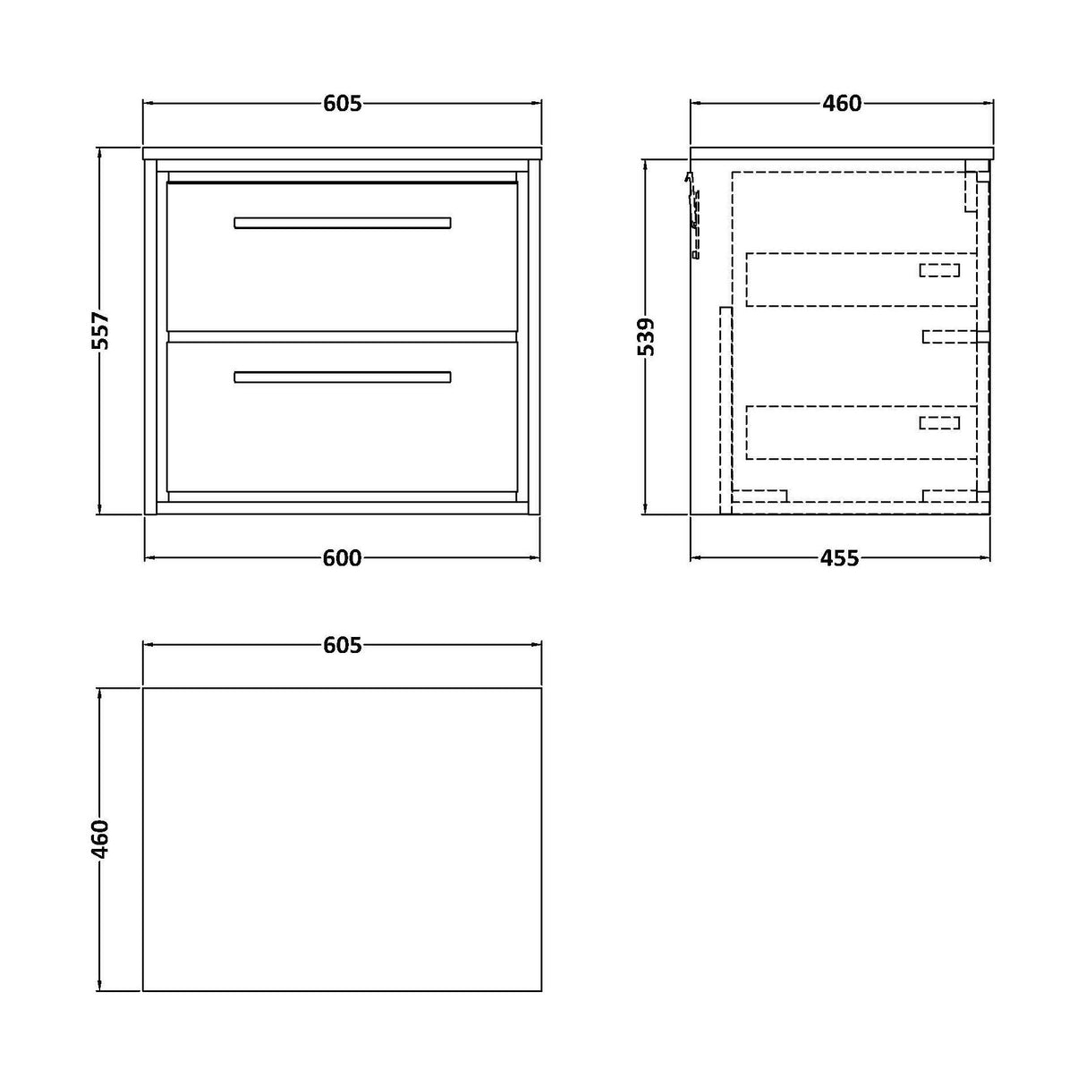 [BFLL3224W] Balterley 600mm Framed Design Wall Hung 2 Drawer Vanity with Worktop - Pebble Grey - Technical Drawing