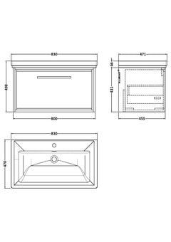 [BFLL3225A] Longnor Single Drawer Wall Hung Vanity Basin Unit with 1 Tap Hole Traditional Fireclay Basin, Choice of Colour and Size - Line Drawing