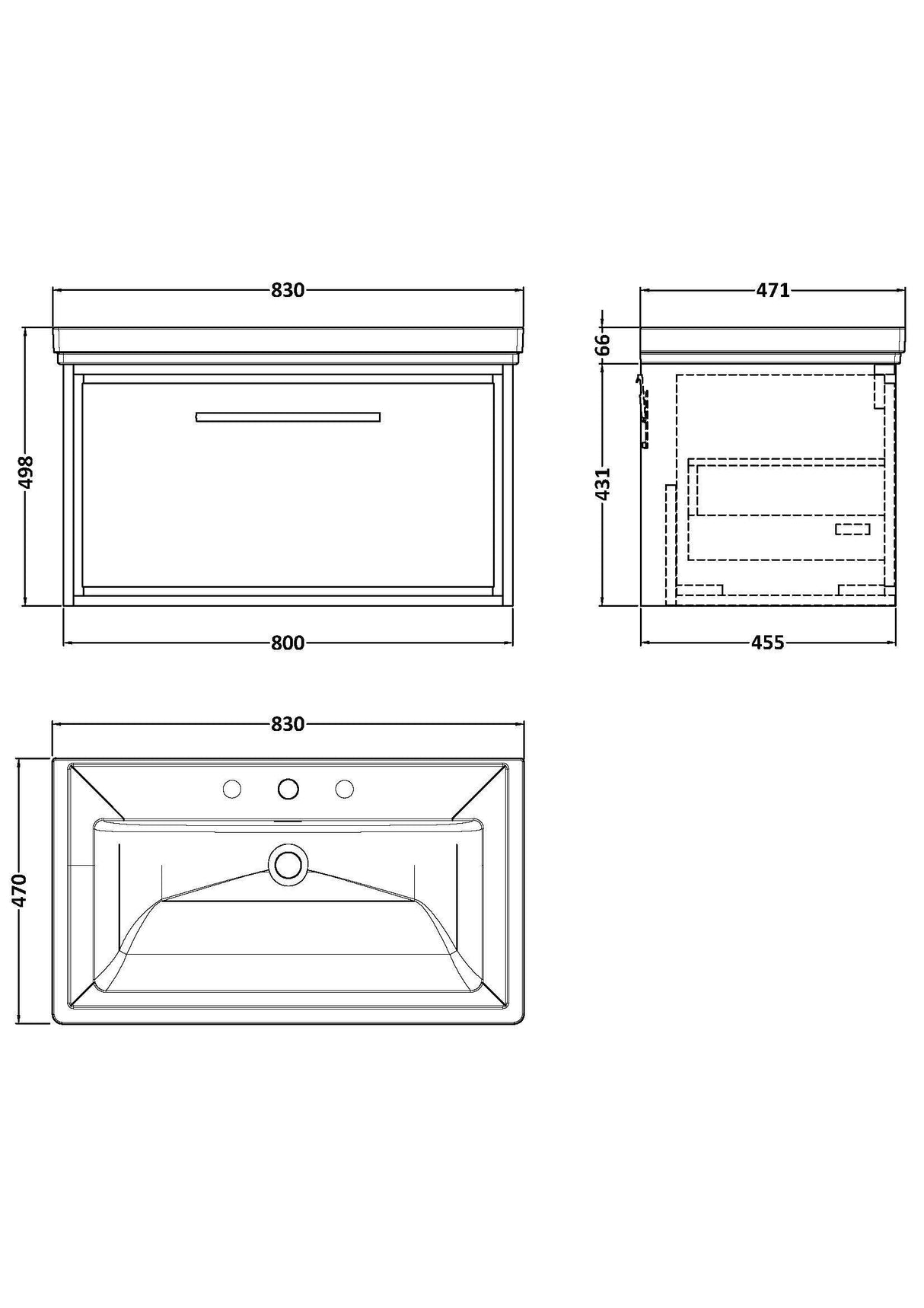 [BFLL3225B] Longnor Single Drawer Wall Hung Vanity Basin Unit with 3 Tap Hole Traditional Fireclay Basin, Choice of Size and Colour - Line Drawing