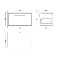 [BFLL3225GMT] Balterley 800mm Framed Design Wall Hung Single Drawer Vanity & Marble Worktop - Pebble Grey - Technical Drawing
