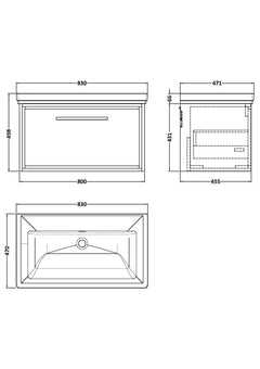 [BFLL3225H] Longnor Single Drawer Wall Hung Vanity Basin Unit with 0 Tap Hole Traditional Fireclay Basin, Choice of Size and Colour - Line Drawing