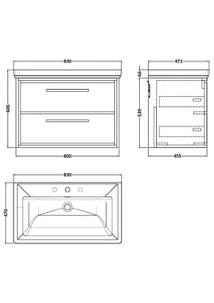 [BFLL3226B] Longnor 2 Drawer Wall Hung Vanity Basin Unit with 3 Tap Hole Traditional Fireclay Basin, Choice of Size and Colour - Line Drawing