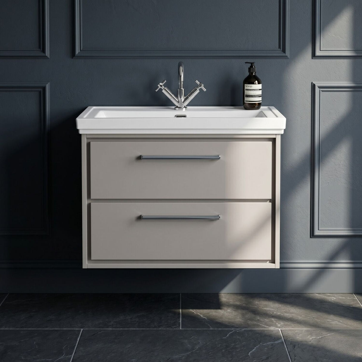 [BFLL3226B] Longnor 2 Drawer Wall Hung Vanity Basin Unit with 3 Tap Hole Traditional Fireclay Basin, Choice of Size and Colour - Silo