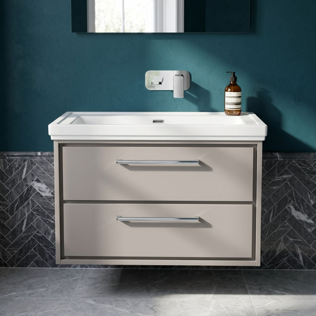 [BFLL3226H] Longnor 2 Drawer Wall Hung Vanity Basin Unit with 0 Tap Hole Traditional Fireclay Basin, Choice of Size and Colour - Silo