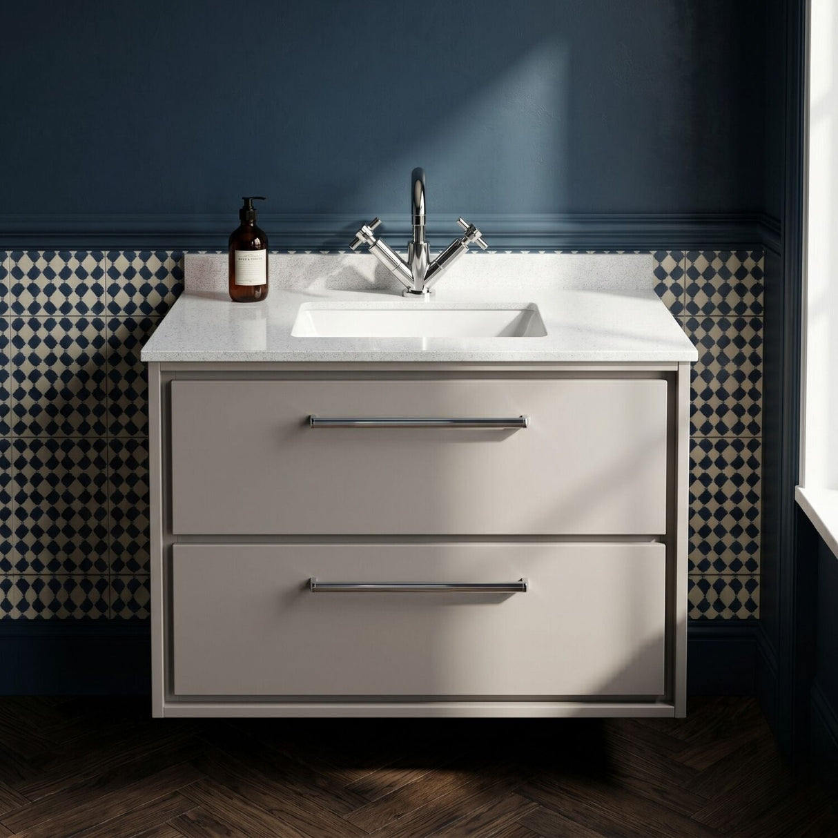 [BFLL3226WS1] Longnor Contemporary Wall Hung 2 Drawer Vanity Basin Unit with Marble Worktop Basin, Choice of Size and Colour - Silo
