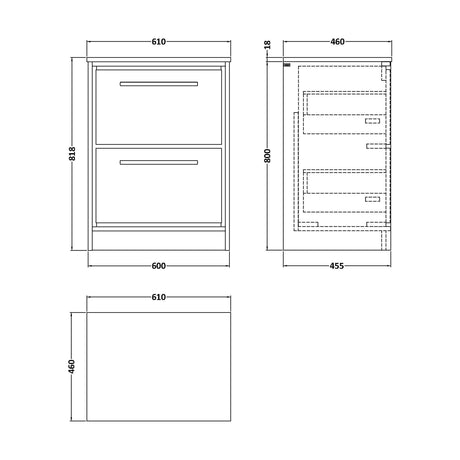 [BFLL3233GMT] Balterley 600mm Framed Design Floor Standing 2 Drawer Vanity & Marble Worktop - Pebble Grey - Technical Drawing