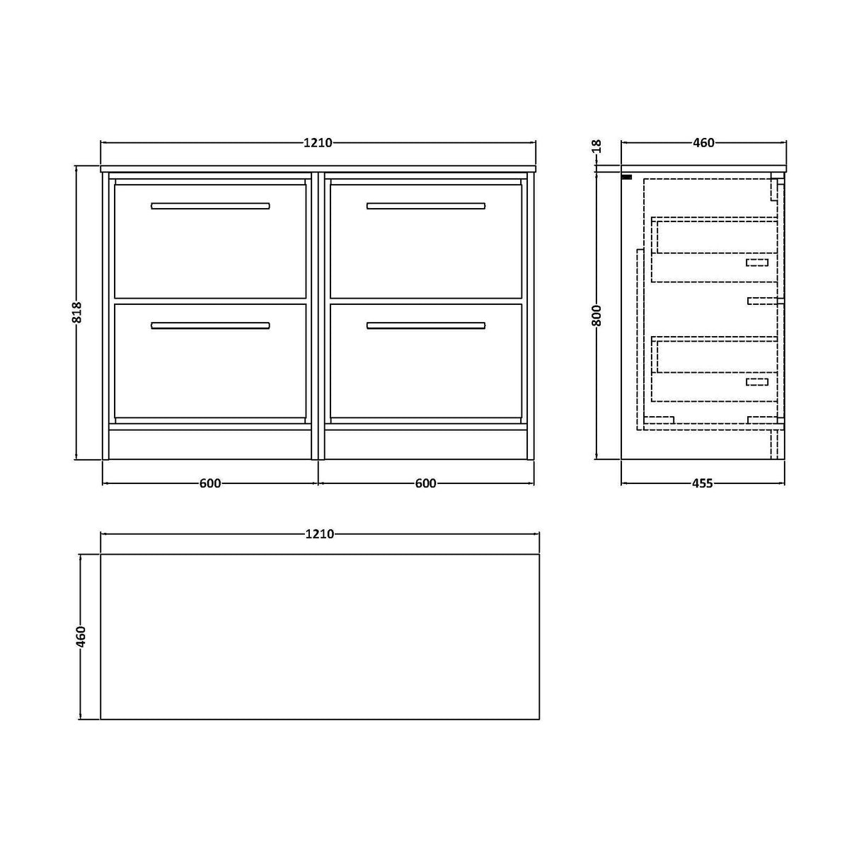 [BFLL3233W2] Longnor Contemporary Floor Standing 4-Drawer Vanity Unit with Colour Coordinating Worktop, 1200mm, Choice of Colour - Technical Drawing