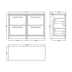 [BFLL3233W2] Longnor Contemporary Floor Standing 4-Drawer Vanity Unit with Colour Coordinating Worktop, 1200mm, Choice of Colour - Technical Drawing