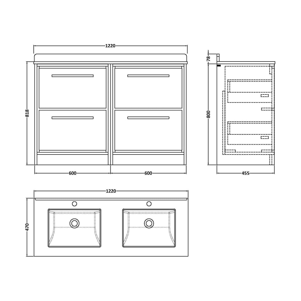 [BFLL3233WS2] Longnor Contemporary Floor Standing 4-Drawer Vanity Basin Unit with Marble Worktop Basin, 1200mm, Choice of Colour - Technical Drawing