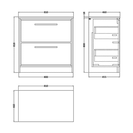 [BFLL3235CMT] Balterley 800mm Framed Design Floor Standing 2 Drawer Vanity, Marble Worktop - Pebble Grey - Technical Drawing
