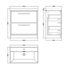 [BFLL3235E] Longnor Floor Standing 2 Drawer Vanity Unit - Choice of Colour, Basin Type and Size - Technical Drawing