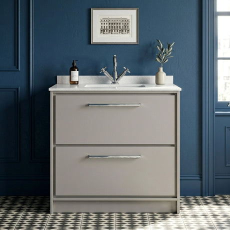 [BFLL3235WS1] Longnor Contemporary Floor Standing 2-Drawer Vanity Basin Unit with Marble Worktop Basin, Choice of Size and Colour - Silo