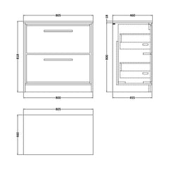 [BFLL3235W] Balterley 800mm Framed Design Floor Standing 2 Drawer Vanity with Worktop - Pebble Grey - Technical Drawing
