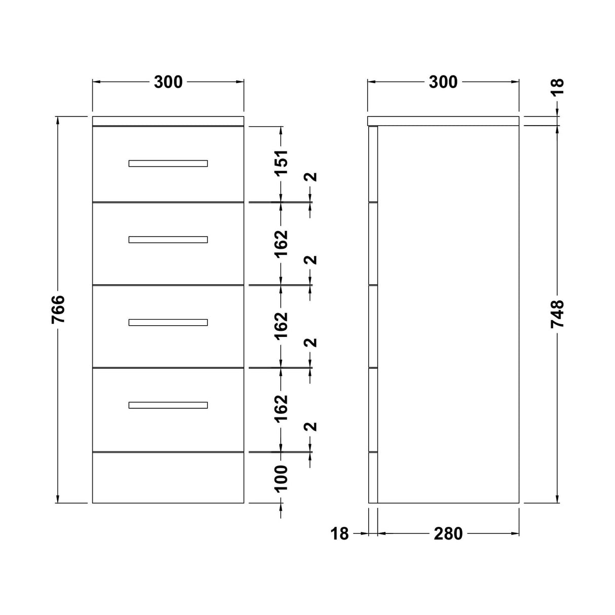 [BFOR133] Slimline 4 Drawer Unit - 300mm - Gloss White - Technical Drawing