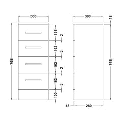 [BFOR133] Slimline 4 Drawer Unit - 300mm - Gloss White - Technical Drawing