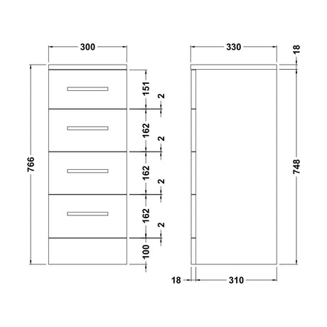 [BFOR134] Floor Standing 4 Drawer Bathroom Unit - 300mm - Gloss White - Technical Drawing