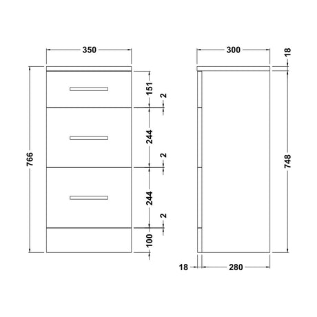 [BFOR135] Slimline 3 Drawer Unit - 350mm - Gloss White - Technical Drawing