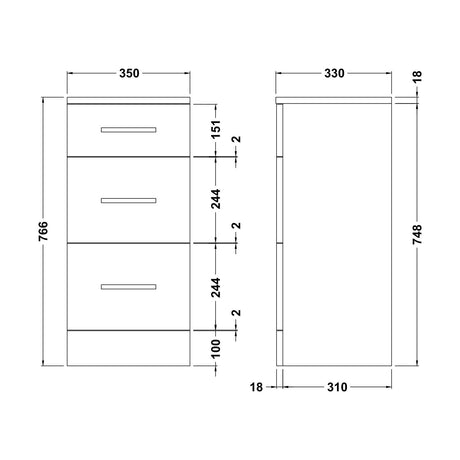 [BFOR136] Floor Standing 3 Drawer Bathroom Unit - 350mm - Gloss White - Technical Drawing