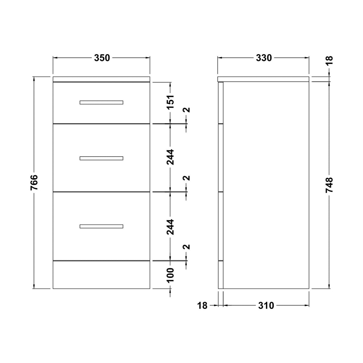 [BFOR136] Hamstall Contemporary Floor Standing 3 Drawer Bathroom Unit, Gloss White, Choice of Size - Technical Drawing