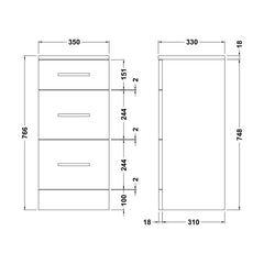 [BFOR136] Hamstall Contemporary Floor Standing 3 Drawer Bathroom Unit, Gloss White, Choice of Size - Technical Drawing