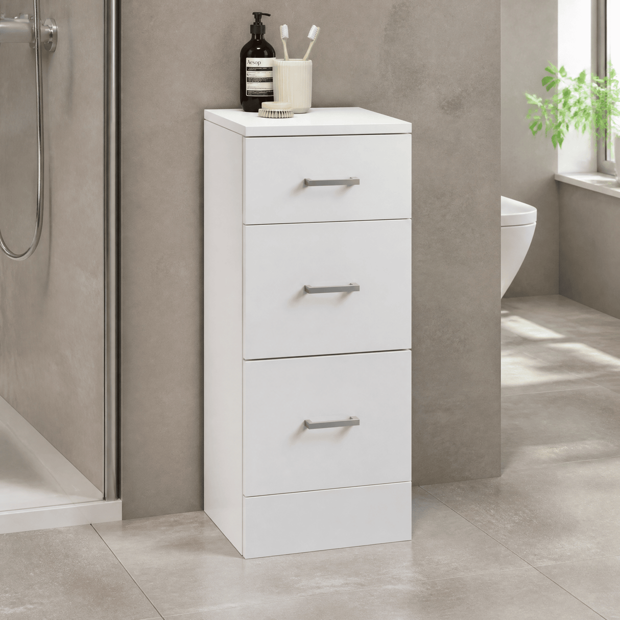 [BFOR136] Hamstall Contemporary Floor Standing 3 Drawer Bathroom Unit, Gloss White, Choice of Size
