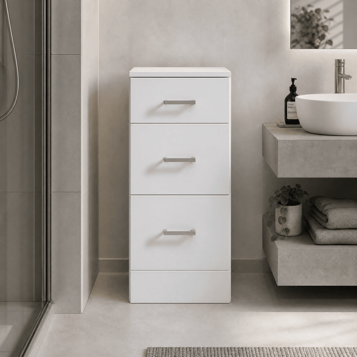 [BFOR136] Hamstall Contemporary Floor Standing 3 Drawer Bathroom Unit, Gloss White, Choice of Size