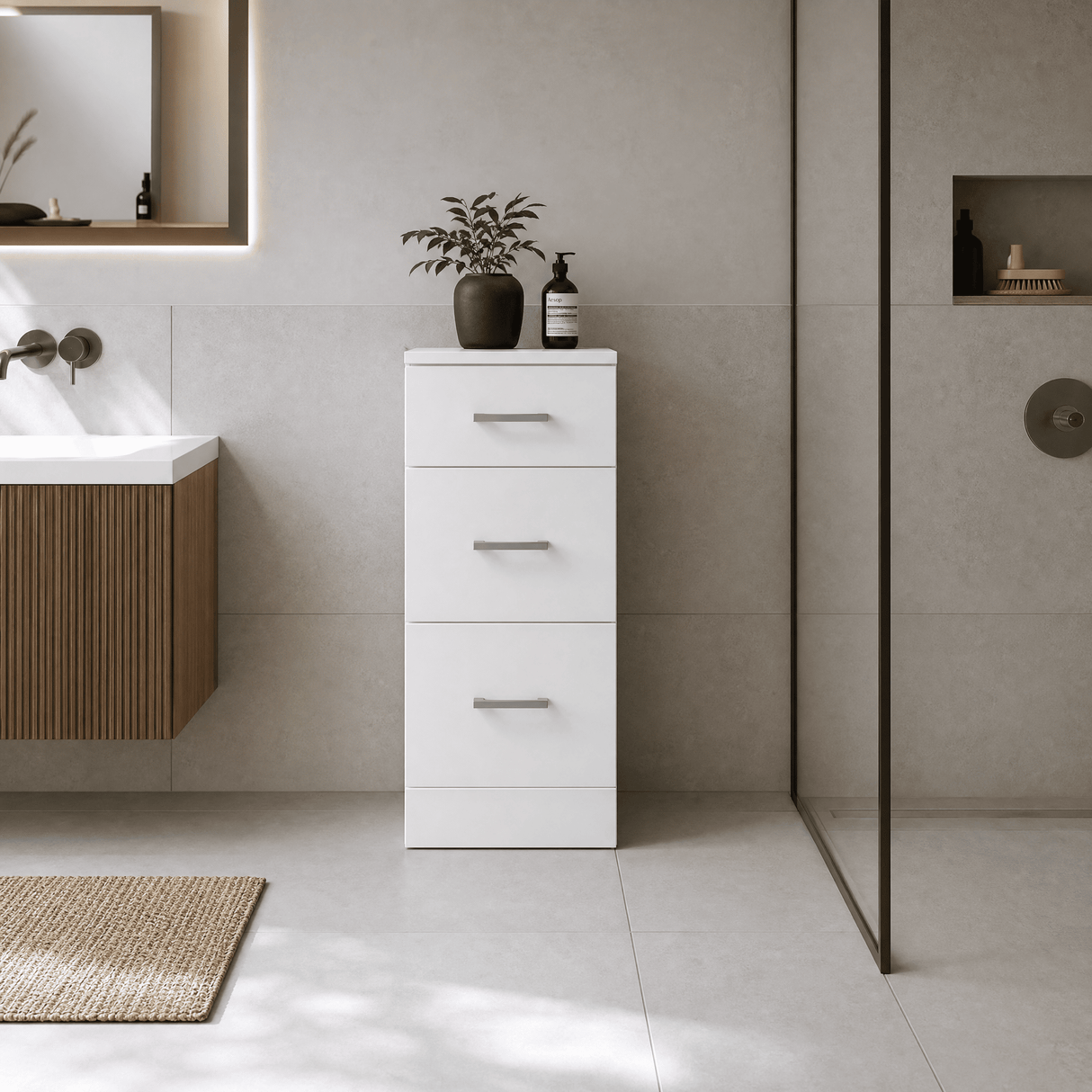 [BFOR136] Hamstall Contemporary Floor Standing 3 Drawer Bathroom Unit, Gloss White, Choice of Size