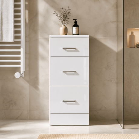 [BFOR136] Hamstall Contemporary Floor Standing 3 Drawer Bathroom Unit, Gloss White, Choice of Size - Silo