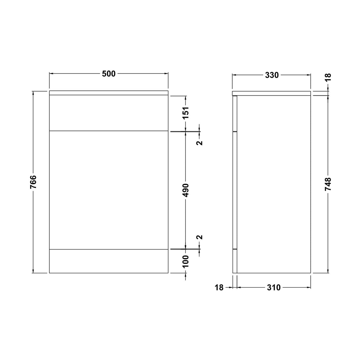 [BFOR142] WC Unit   - 500mm - Gloss White - Technical Drawing